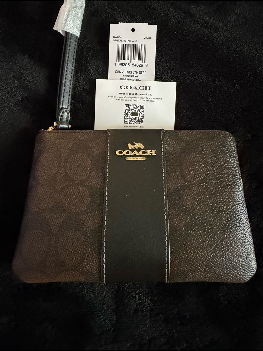 Coach Corner Zip Wristlet Wallet In Signature Canvas/Leather Walnut/BIk NWT